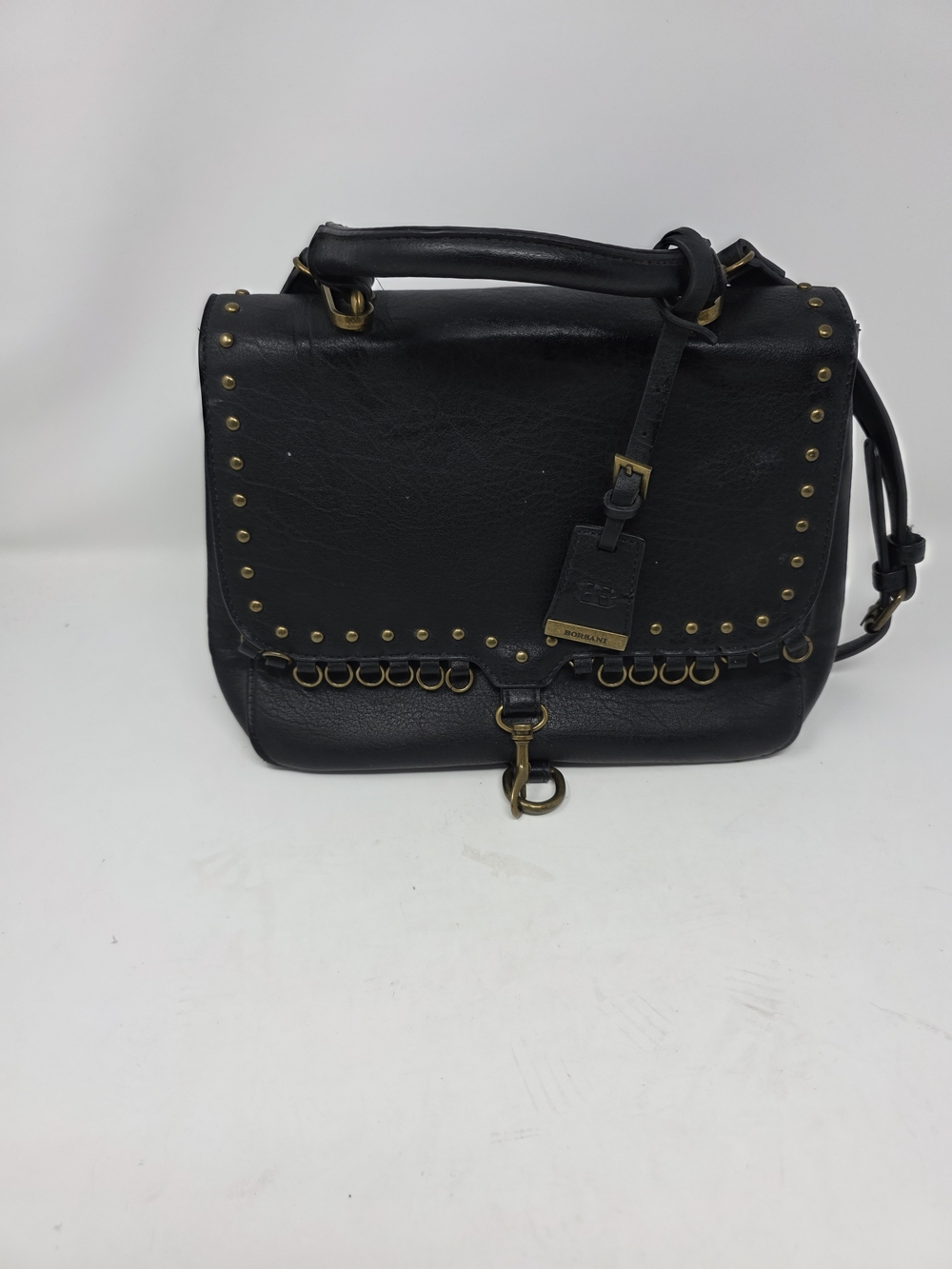 BORSANI Black Studded Leather Satchel Shoulder Bag Brass Ring Hardware